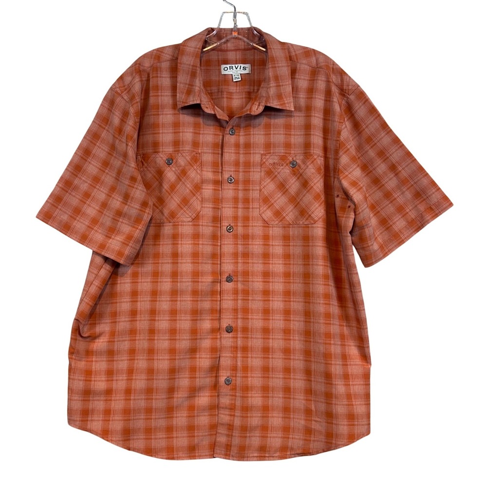 Orvis Mens XL Orange Plaid Short Sleeve Button Down Shirt Classic Collection